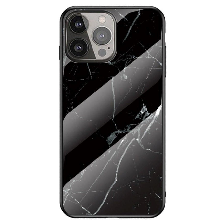 iPhone 13 Pro Max Fleksibelt Plastik Bagside Cover m. Glasbagside - Sort Marmor