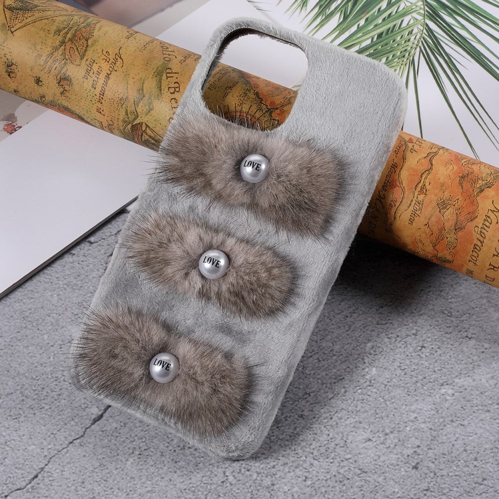iPhone 13 Plastik Bagside Cover - Plysbelagte Kærlighedsperler - Grå
