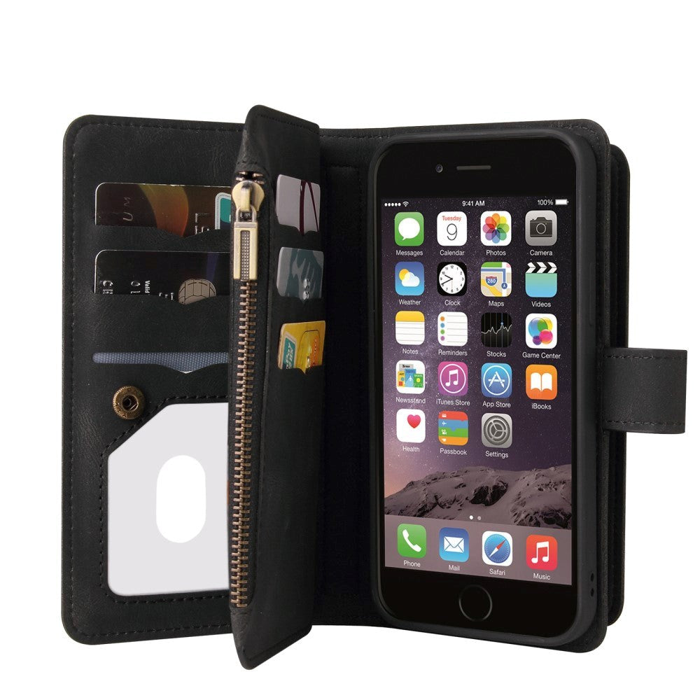 iPhone SE (2022 / 2020) / 8 / 7 Kunstlæder Flip Cover - Strop & Pung m. 15 Kortholdere - Sort