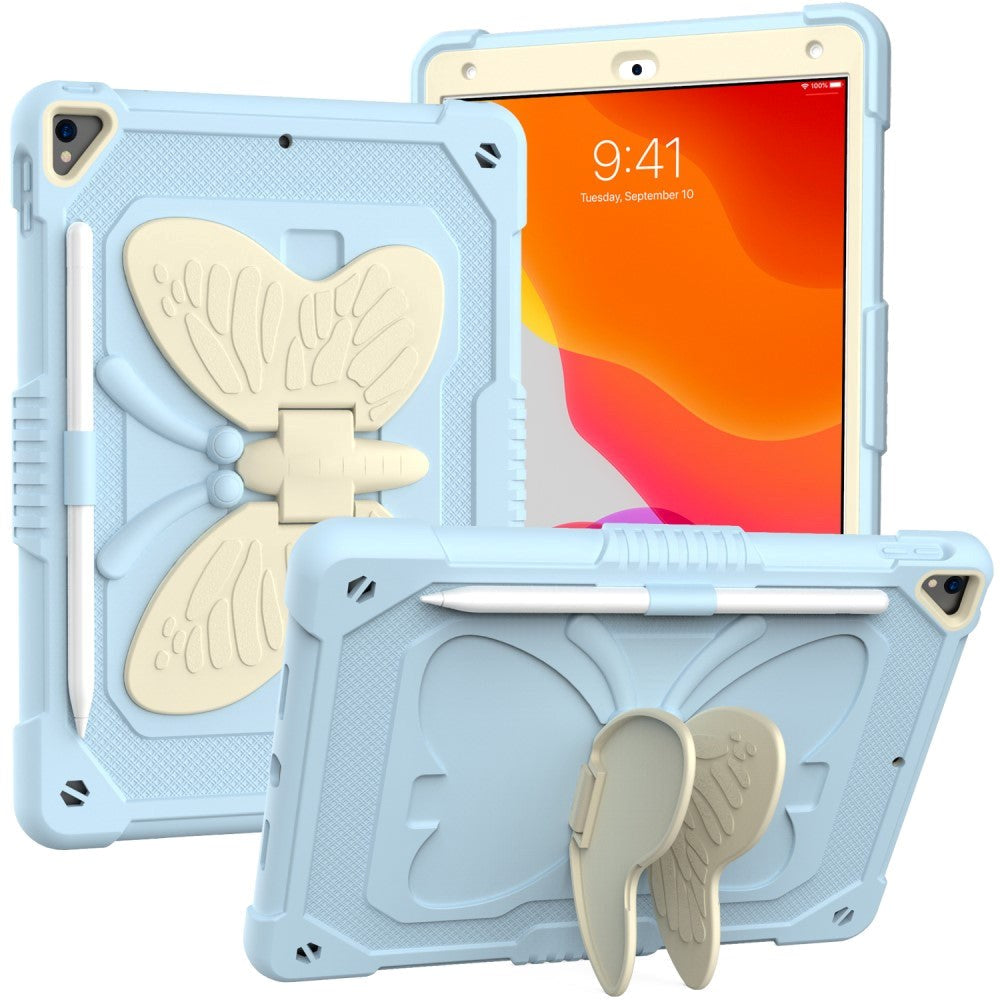 iPad 10.2" (2021 / 2020 / 2019) Butterfly Kickstand Børne Cover - Lyseblå & Grå