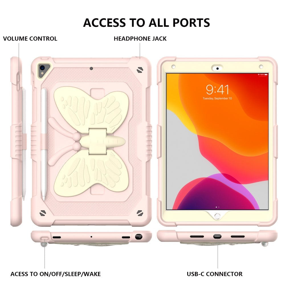 iPad 10.2" (2021 / 2020 / 2019) Butterfly Kickstand Børne Cover - Lyserød & Grå