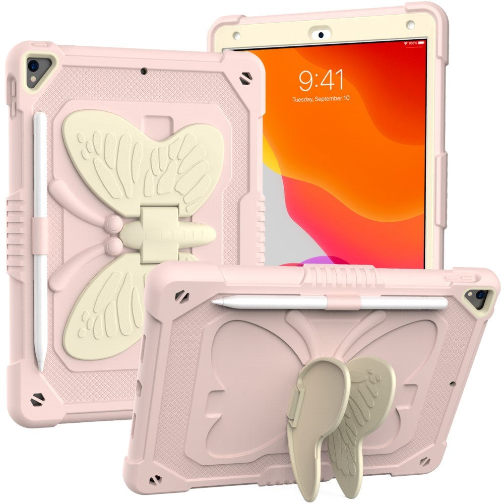 iPad 10.2" (2021 / 2020 / 2019) Butterfly Kickstand Børne Cover - Lyserød & Grå