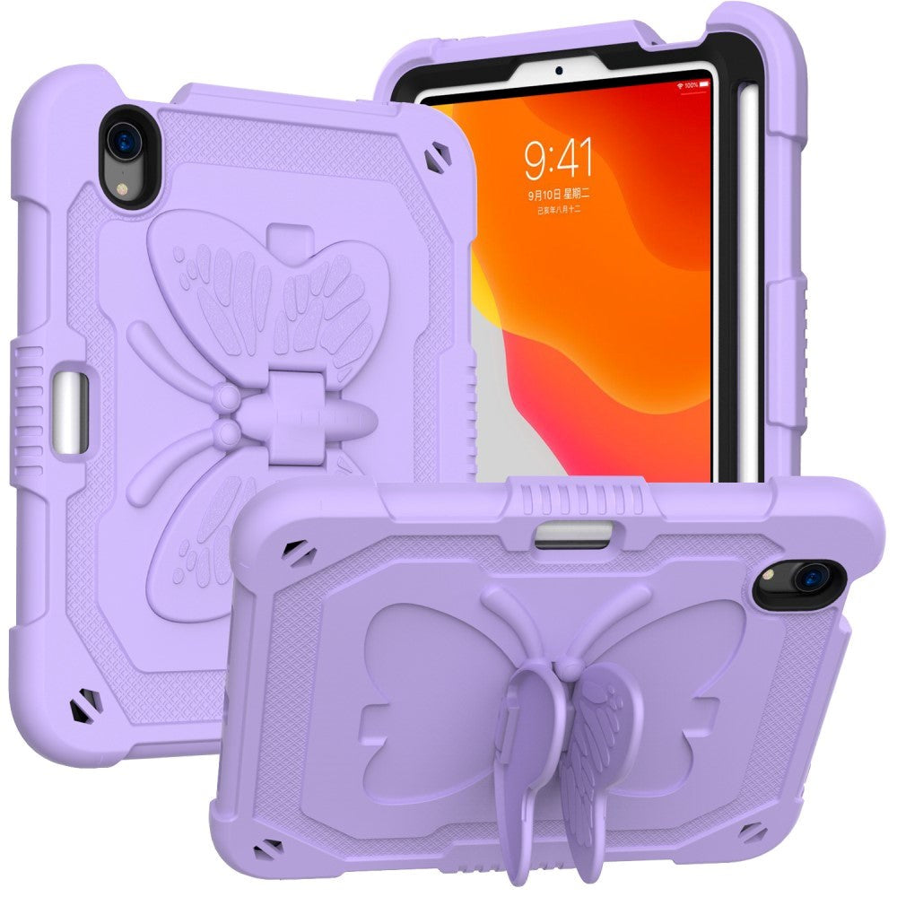 iPad Mini (2024 / 2021) Butterfly Kickstand Børne Cover - Lilla