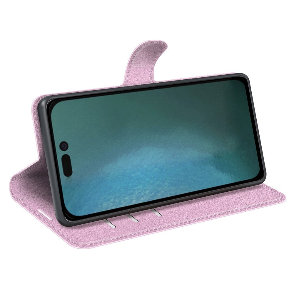 iPhone 14 PU Litchi Læder Flip Cover m. Pung & Ståfunktion - Lyserød