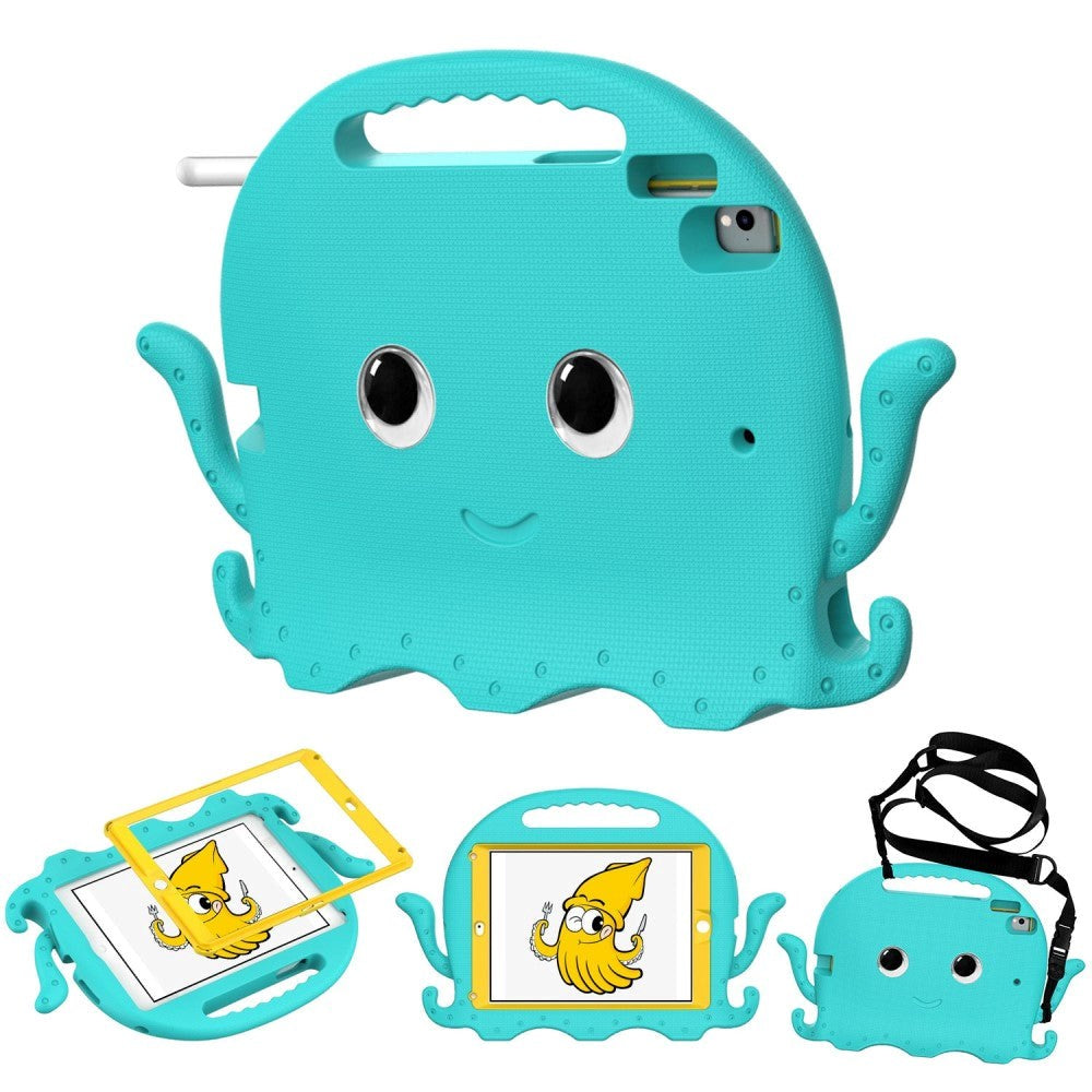 iPad (2018) / iPad (2017) / iPad Air 2 / iPad Pro 9.7" EVA Børnecover m. Skulderstrop - Blæksprutte Tema - Turkis