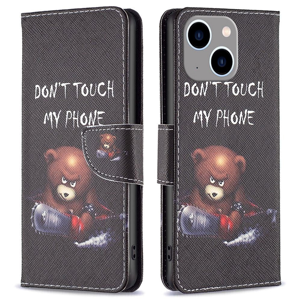 iPhone 14 Plus Læder Flip Cover m. Pung & Print - "Don't Touch My Phone Bjørn"