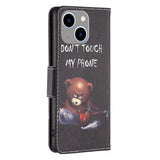 iPhone 14 Plus Læder Flip Cover m. Pung & Print - "Don't Touch My Phone Bjørn"