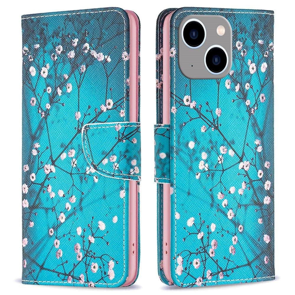 iPhone 14 Plus Læder Flip Cover m. Pung & Print - Træ med Blomster