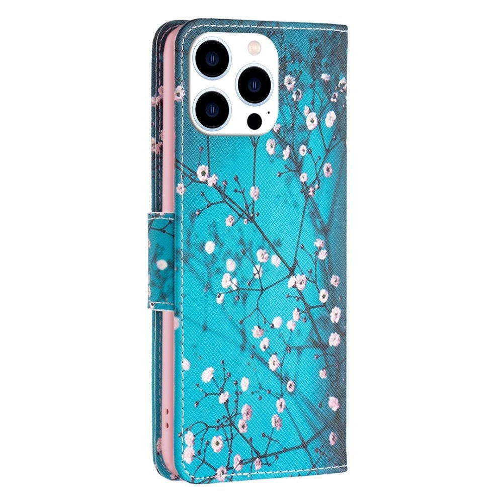 iPhone 14 Pro Læder Flip Cover m. Pung & Print - Træ med Blomster