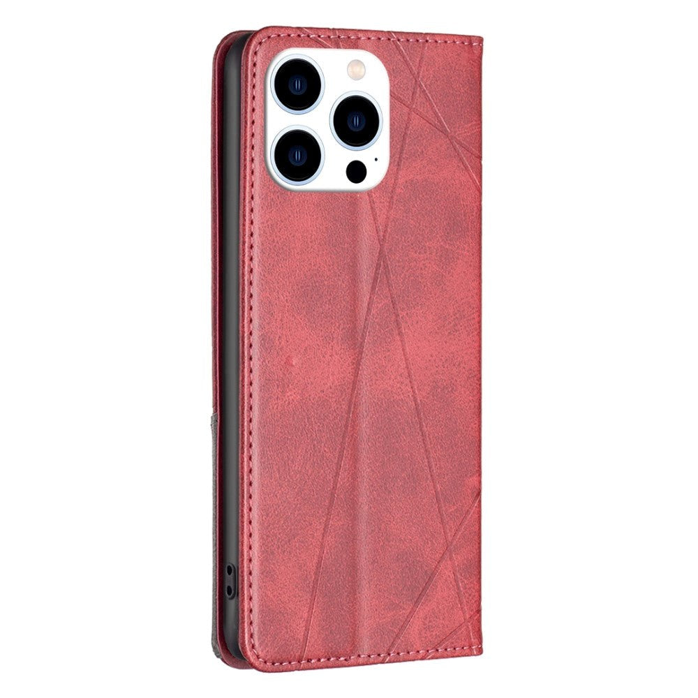 iPhone 14 Pro Flip Læder Cover m. Pung - Geometriske Linjer - Rød