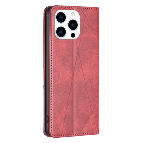 iPhone 14 Pro Flip Læder Cover m. Pung - Geometriske Linjer - Rød