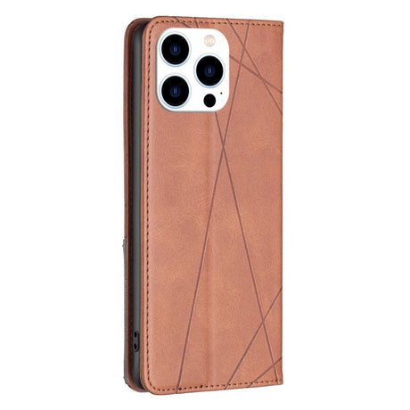 iPhone 14 Pro Flip Læder Cover m. Pung - Geometriske Linjer - Brun