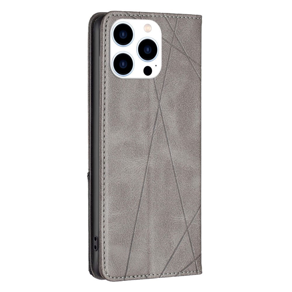 iPhone 14 Pro Flip Læder Cover m. Pung - Geometriske Linjer - Grå