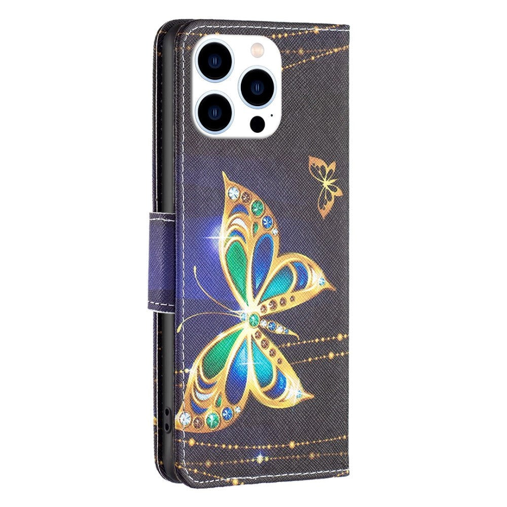 iPhone 14 Pro Flip Cover m. Pung - Gylden Sommerfugl