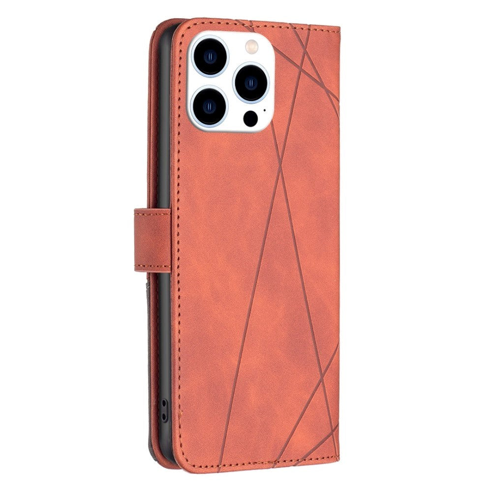 iPhone 14 Pro Flip Læder Cover m. Pung - Geometrisk Mønster - Brun