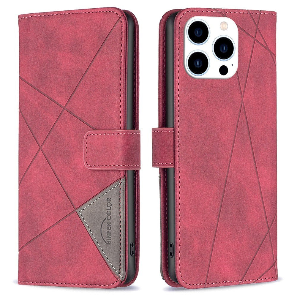 iPhone 14 Pro Flip Læder Cover m. Pung - Geometrisk Mønster - Rød