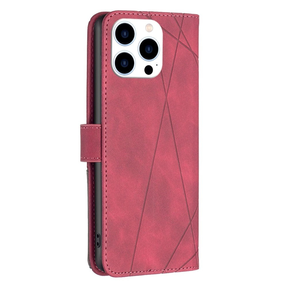 iPhone 14 Pro Flip Læder Cover m. Pung - Geometrisk Mønster - Rød