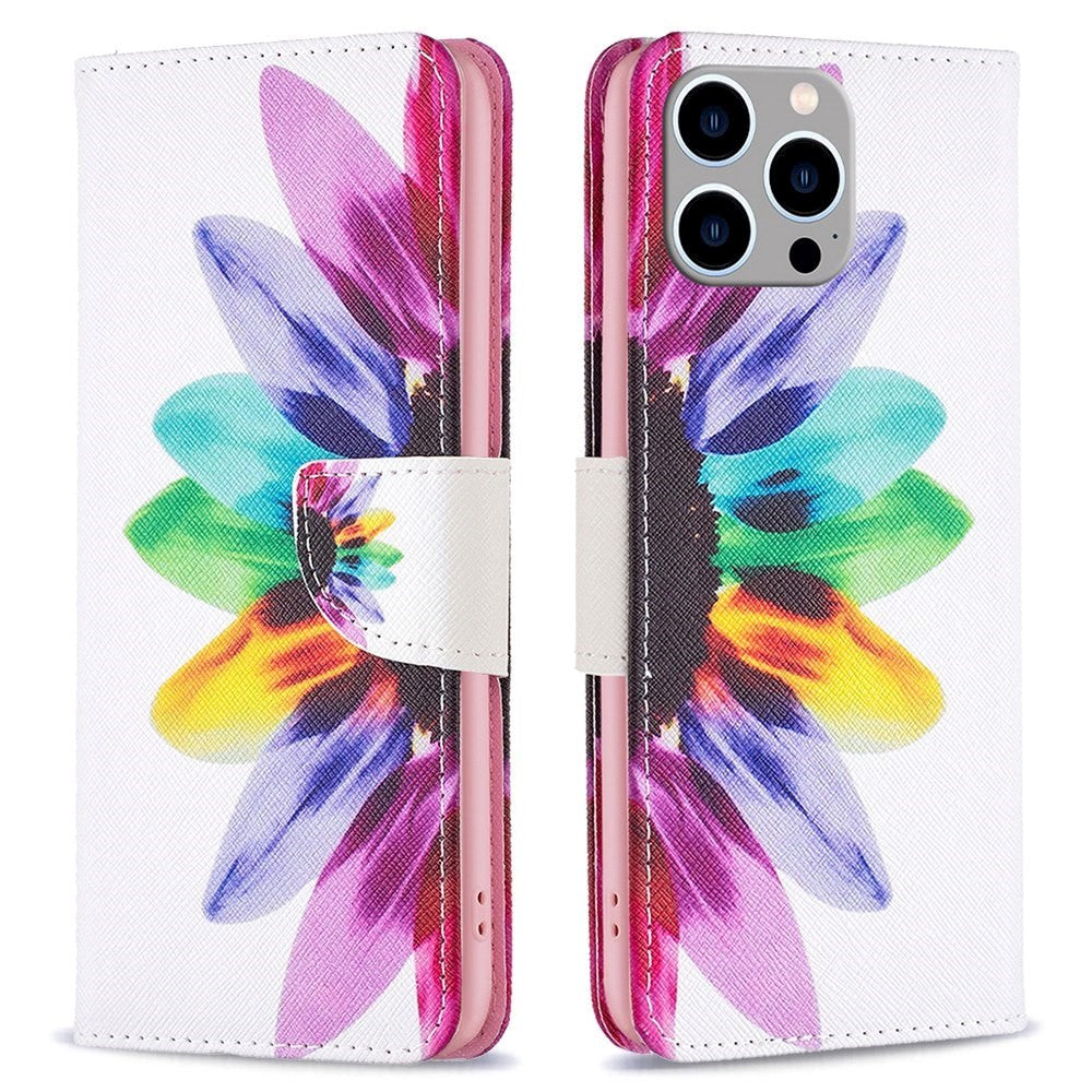 iPhone 14 Pro Max Læder Flip Cover m. Pung & Print - Farvet Blomst