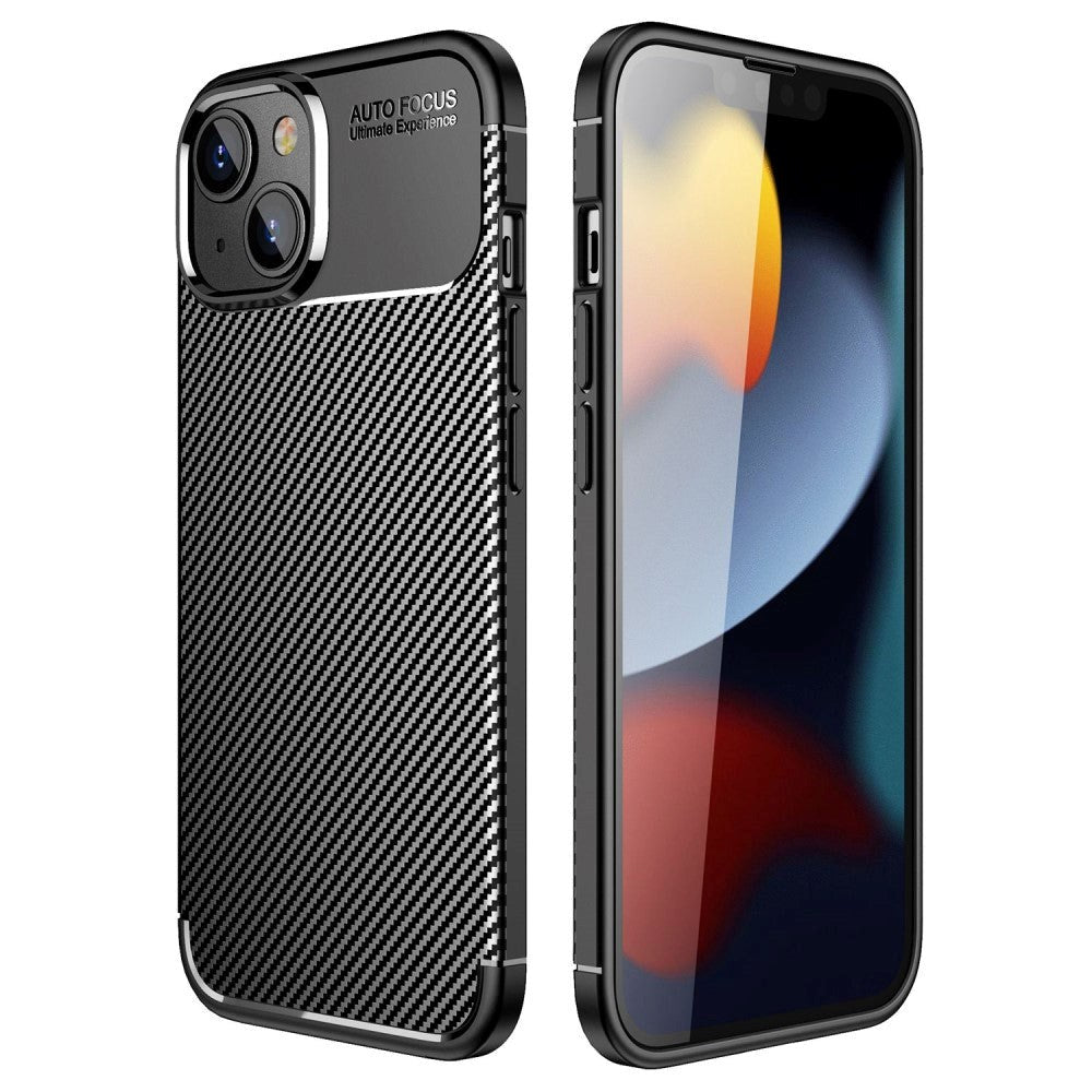 iPhone 14 Plus Carbon Fiber Fleksibelt Plastik Bagside Cover - Sort