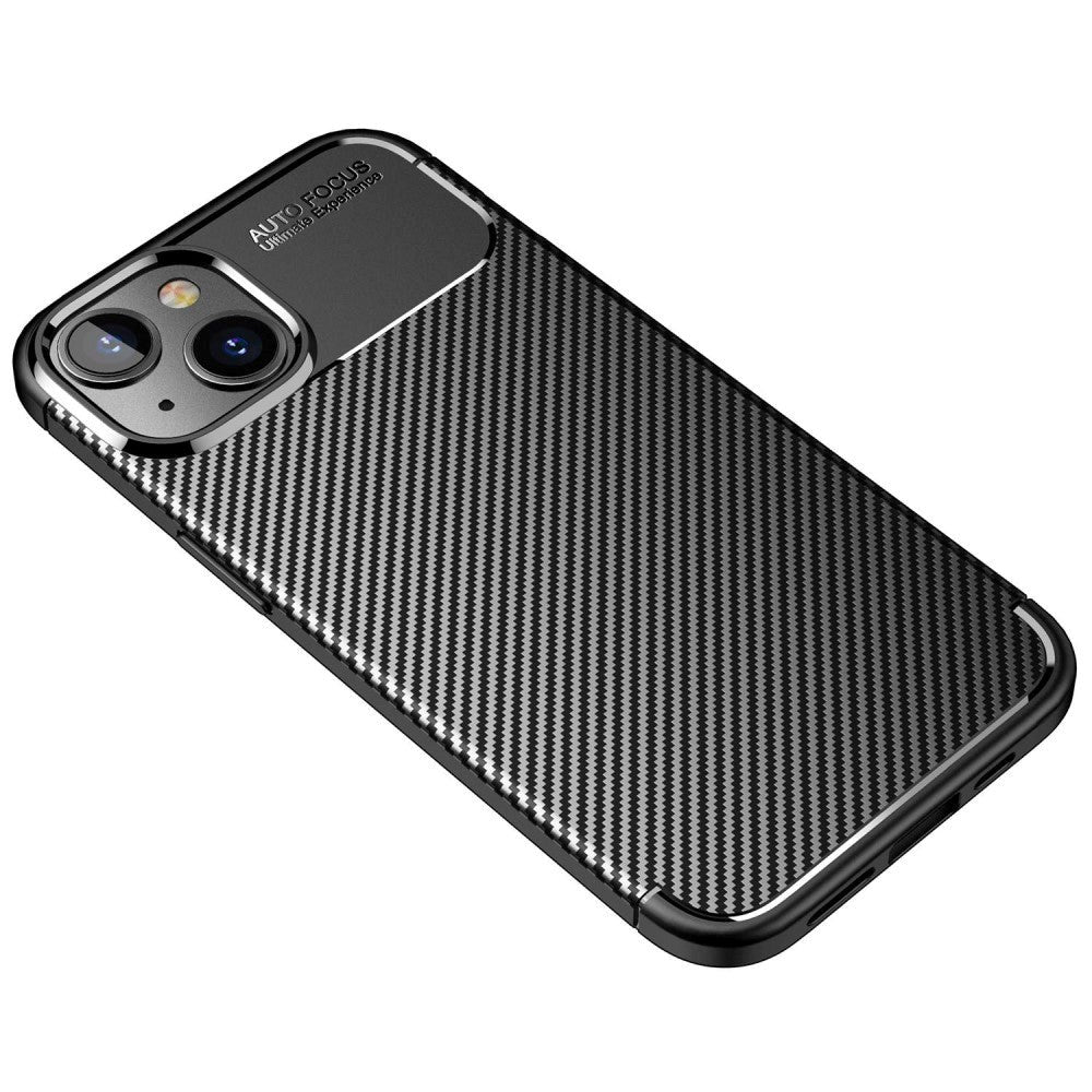 iPhone 14 Plus Carbon Fiber Fleksibelt Plastik Bagside Cover - Sort