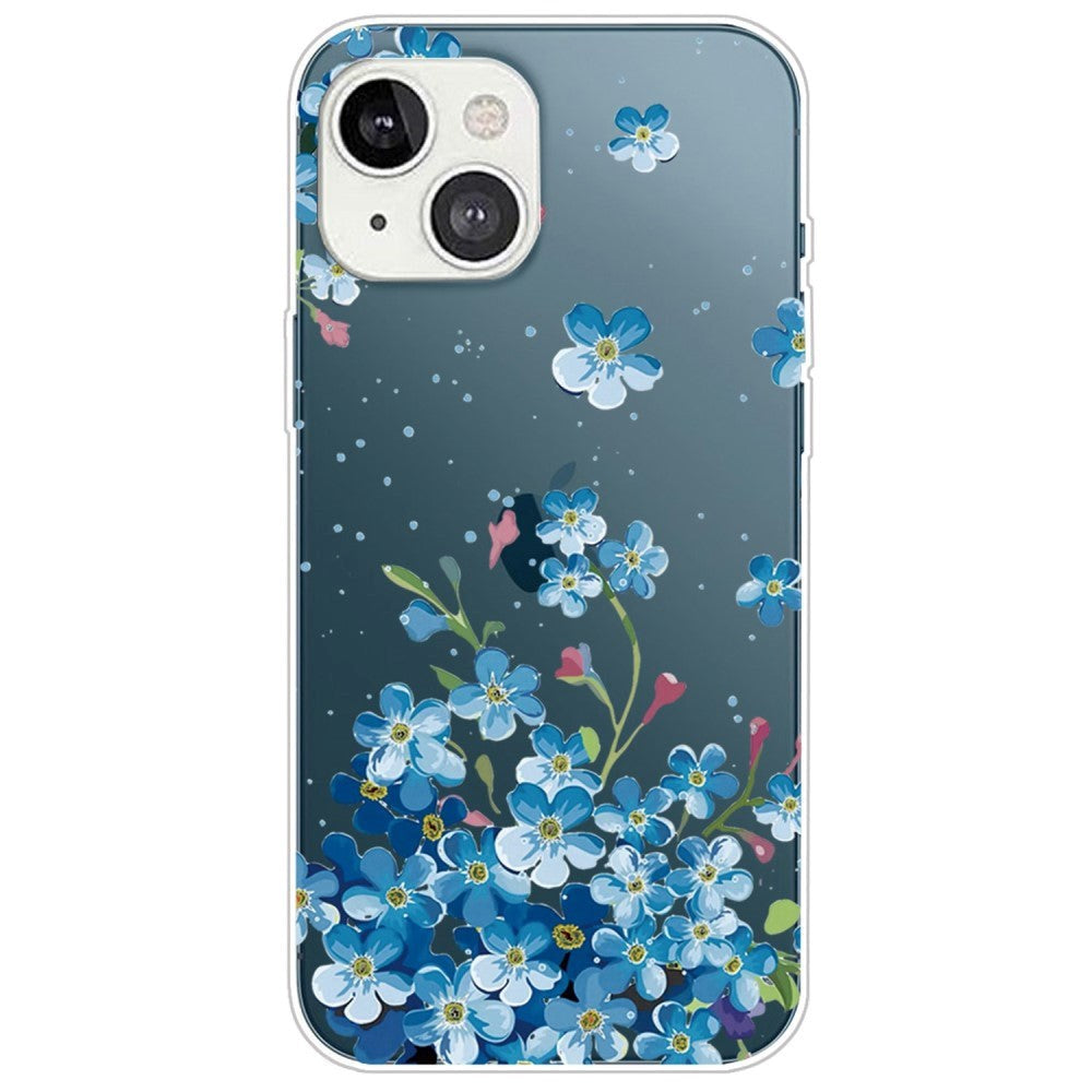 iPhone 14 Fleksibel TPU Plast Bagside Cover - Gennemsigtig m. Blå Blomster