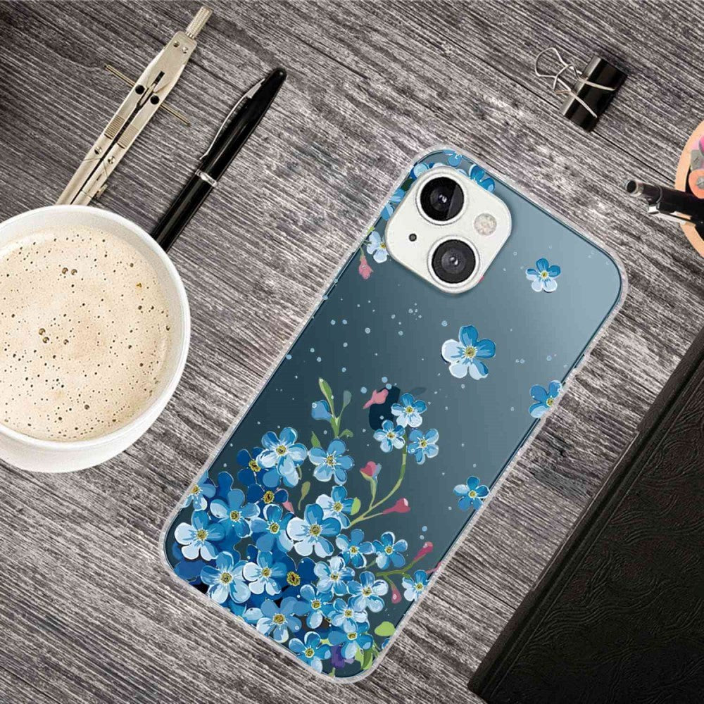 iPhone 14 Fleksibel TPU Plast Bagside Cover - Gennemsigtig m. Blå Blomster