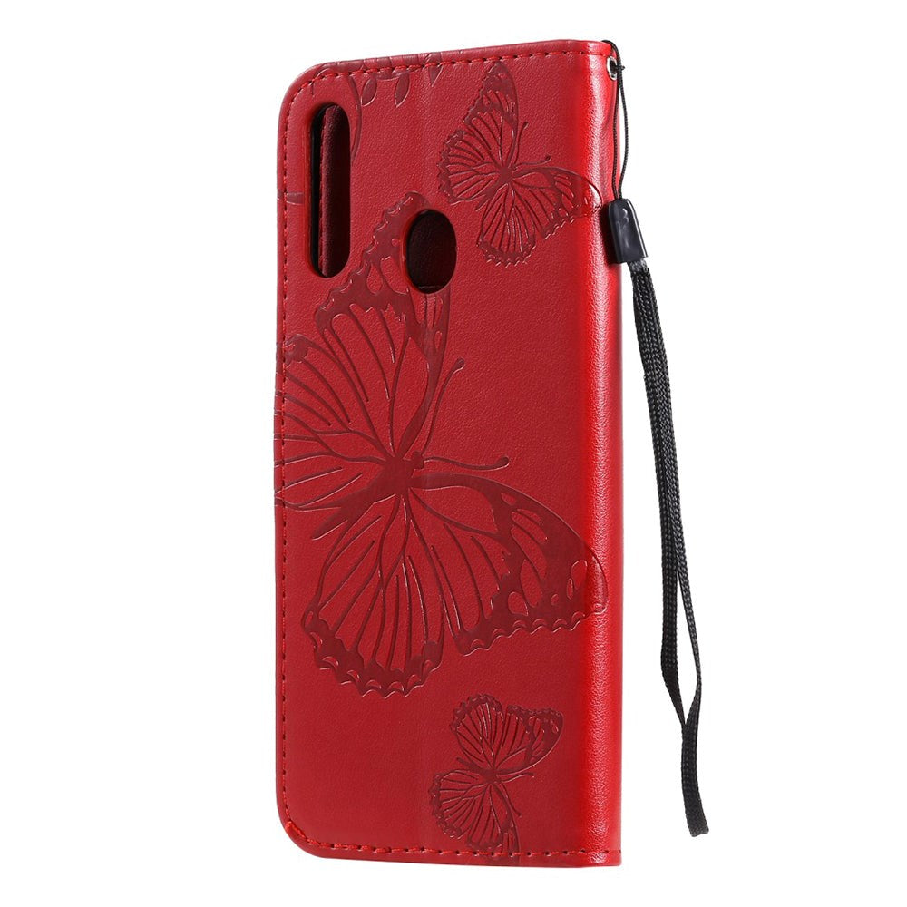 Samsung Galaxy A20s Læder Cover m. Kortholder Sommerfugl - Rød