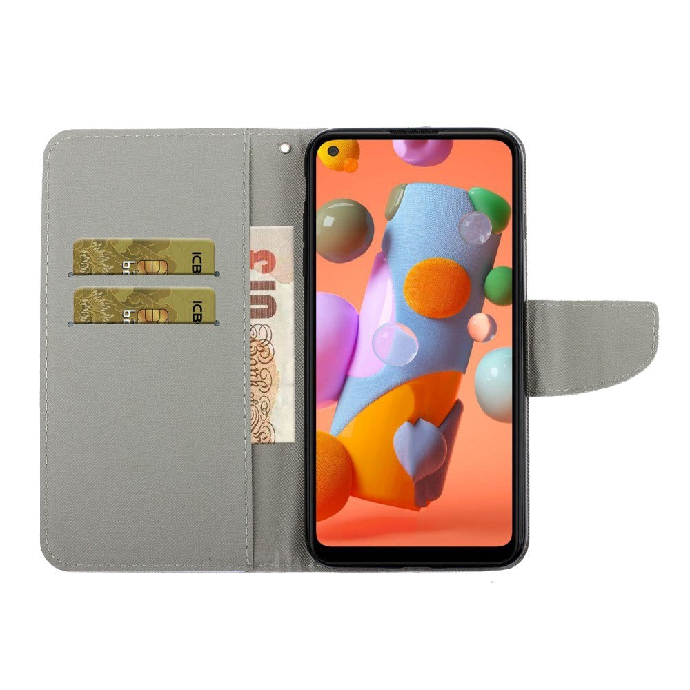 Samsung Galaxy M11 Læder Flip Cover m. Pung - Hvid Kat