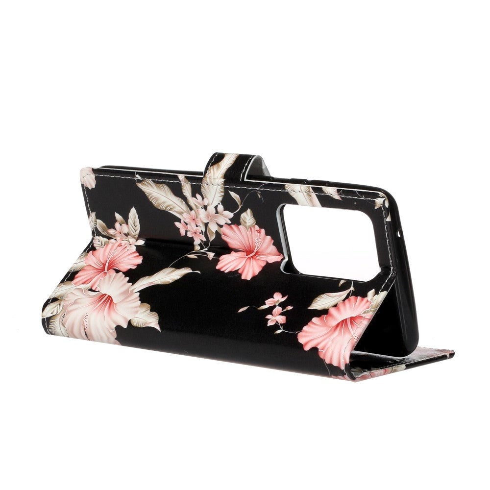 Samsung Galaxy S20 Pink Flowers Cover m. Kortholder - Sort / Lyserød