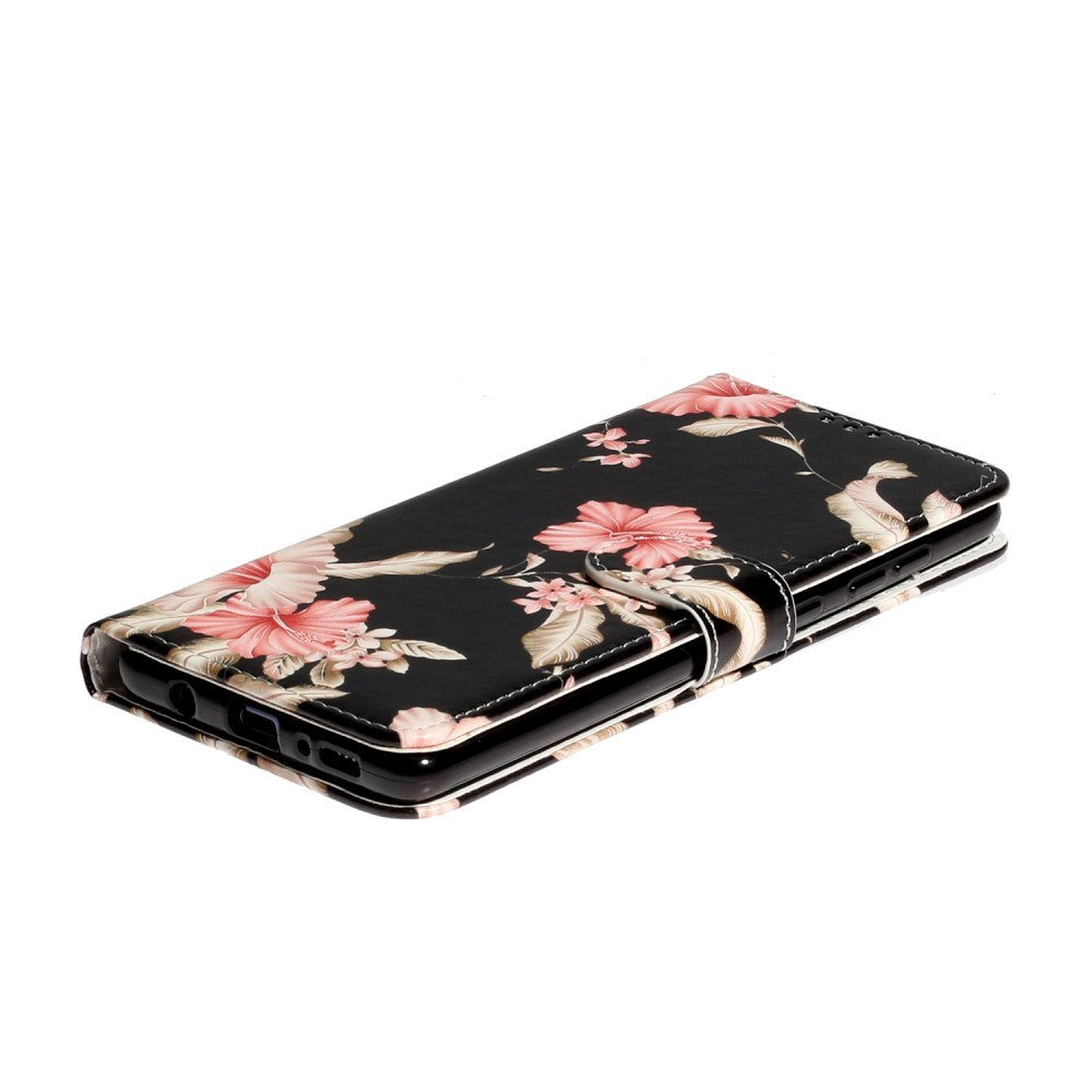 Samsung Galaxy A51 Pink Flowers Cover m. Kortholder - Sort / Lyserød