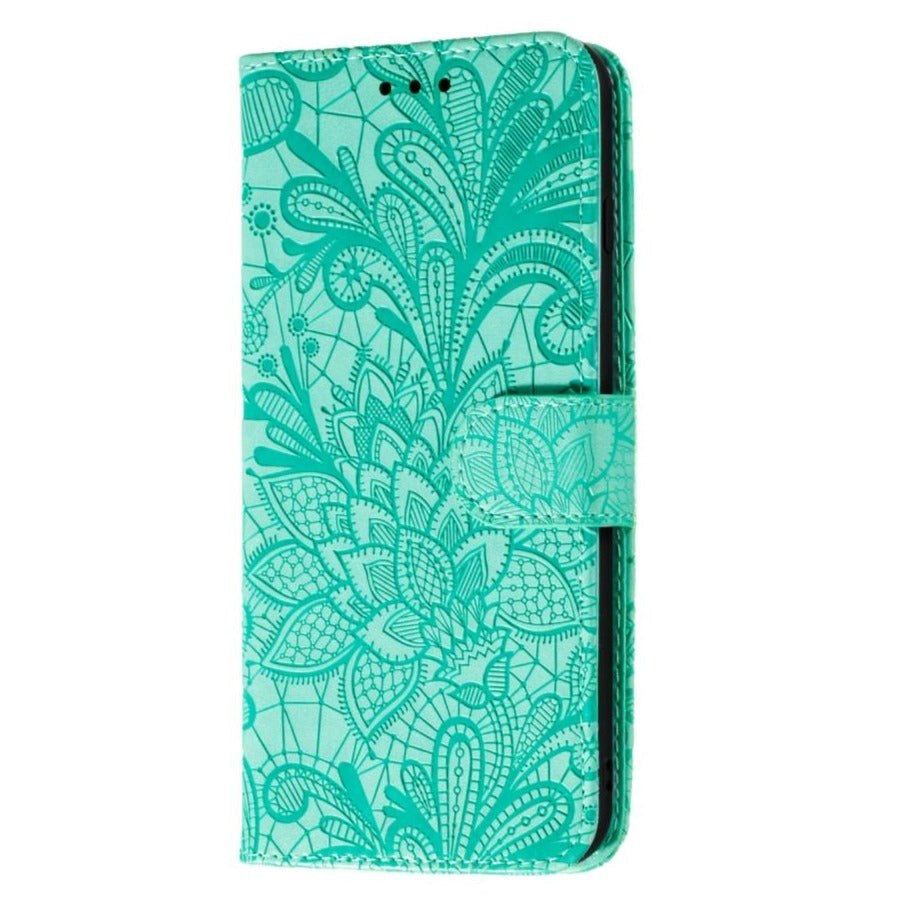 Samsung Galaxy M11 Blomster Blonder Læder Flip Cover m. Pung - Turkis