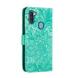 Samsung Galaxy M11 Blomster Blonder Læder Flip Cover m. Pung - Turkis