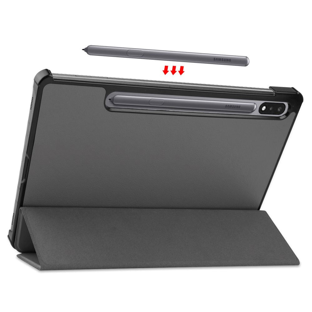 Samsung Galaxy Tab S8 / S7 Tri-Fold Læder Flip Cover m. Stylus Pen Holder - Grå