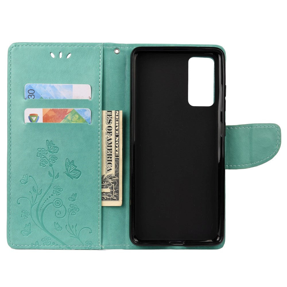 Samsung Galaxy S20 FE / S20 FE (5G) Læder Cover m. Kortholder - Blomster Imprint - Cyan