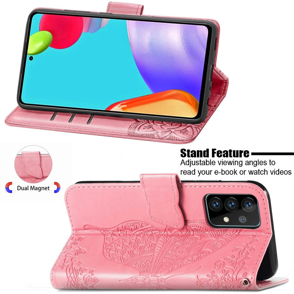 Samsung Galaxy A52s (5G) / A52 (4G / 5G) Læder Flip Cover - Sommerfugle Imprint - Pink