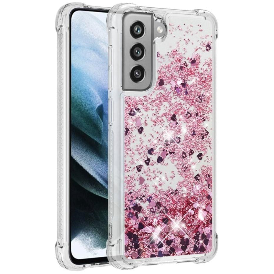 Samsung Galaxy S21 FE (5G) Gennemsigtigt Glimmer Bagside Cover - Pinke Hjerter