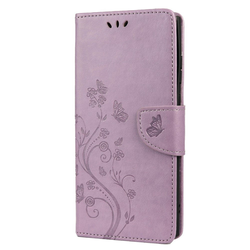 Samsung Galaxy S22 Ultra Læder Flip Cover m. Pung Sommerfugle & Blomster - Lilla