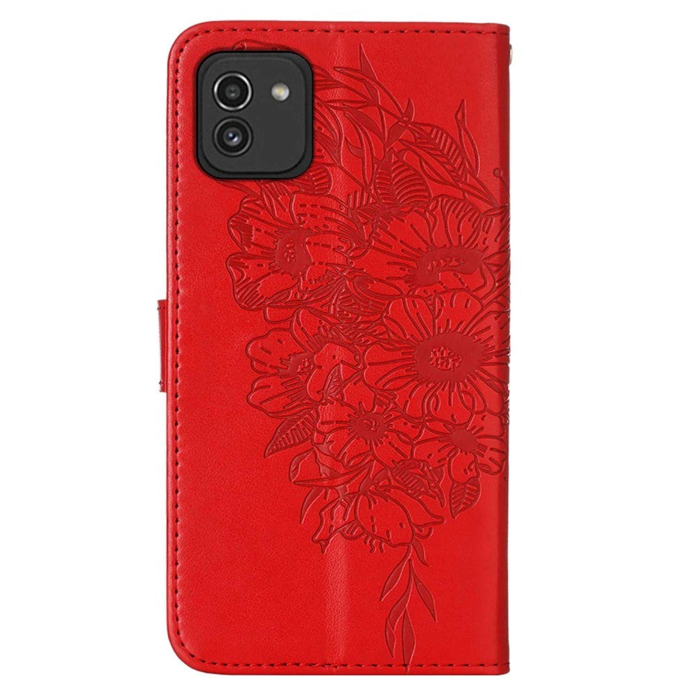 Samsung Galaxy A03 Læder Flip Cover m. Pung Sommerfugle & Blomster - Rød