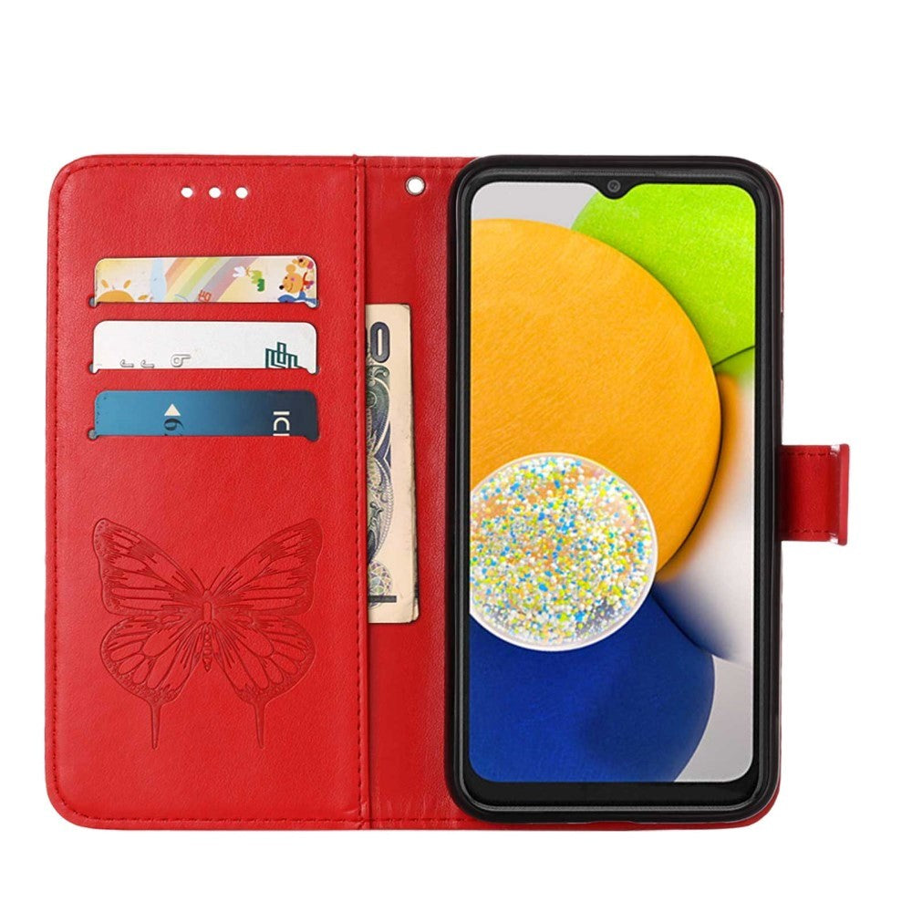 Samsung Galaxy A03 Læder Flip Cover m. Pung Sommerfugle & Blomster - Rød