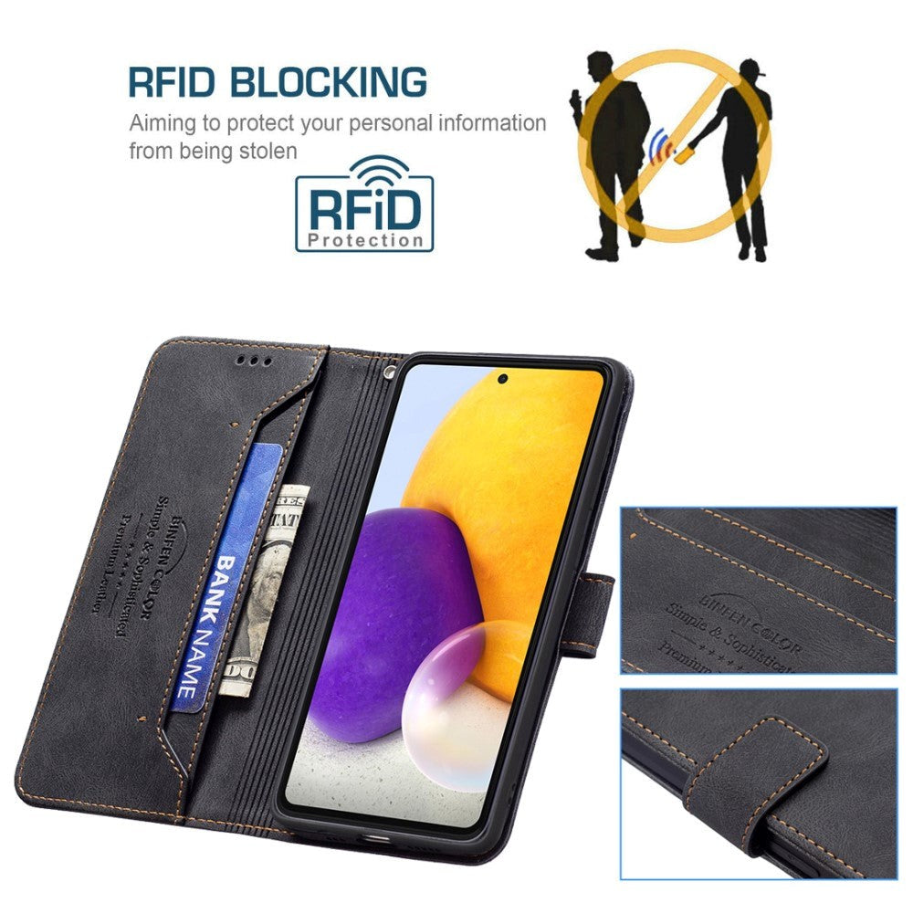 Samsung Galaxy A73 (5G) BINFEN Blødt Læder Flip Cover m. Pung - Udvendig Magnetflap - Sort