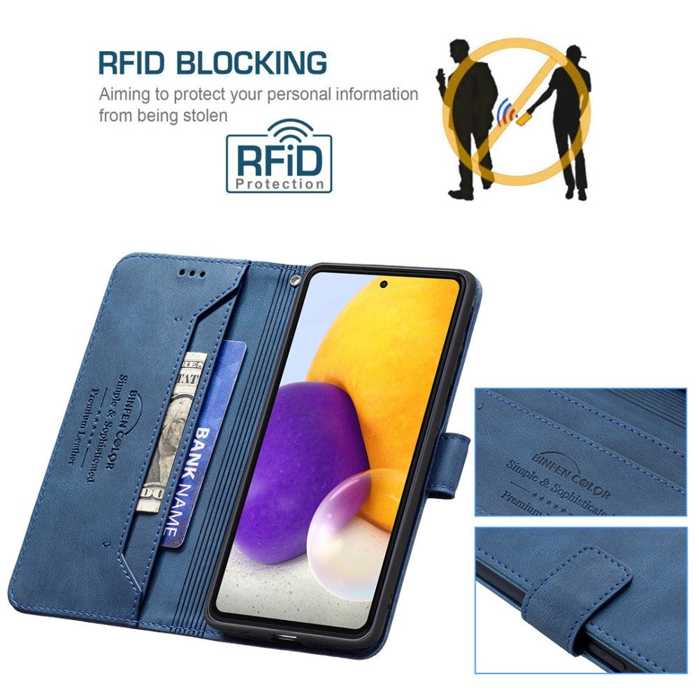 Samsung Galaxy A73 (5G) BINFEN Blødt Læder Flip Cover m. Pung - Udvendig Magnetflap - Blå