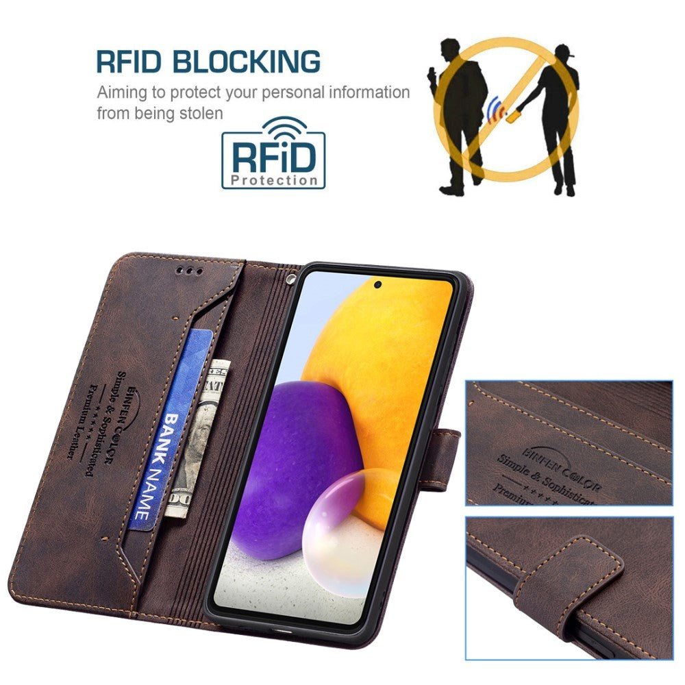 Samsung Galaxy A73 (5G) BINFEN Blødt Læder Flip Cover m. Pung - Udvendig Magnetflap - Brun