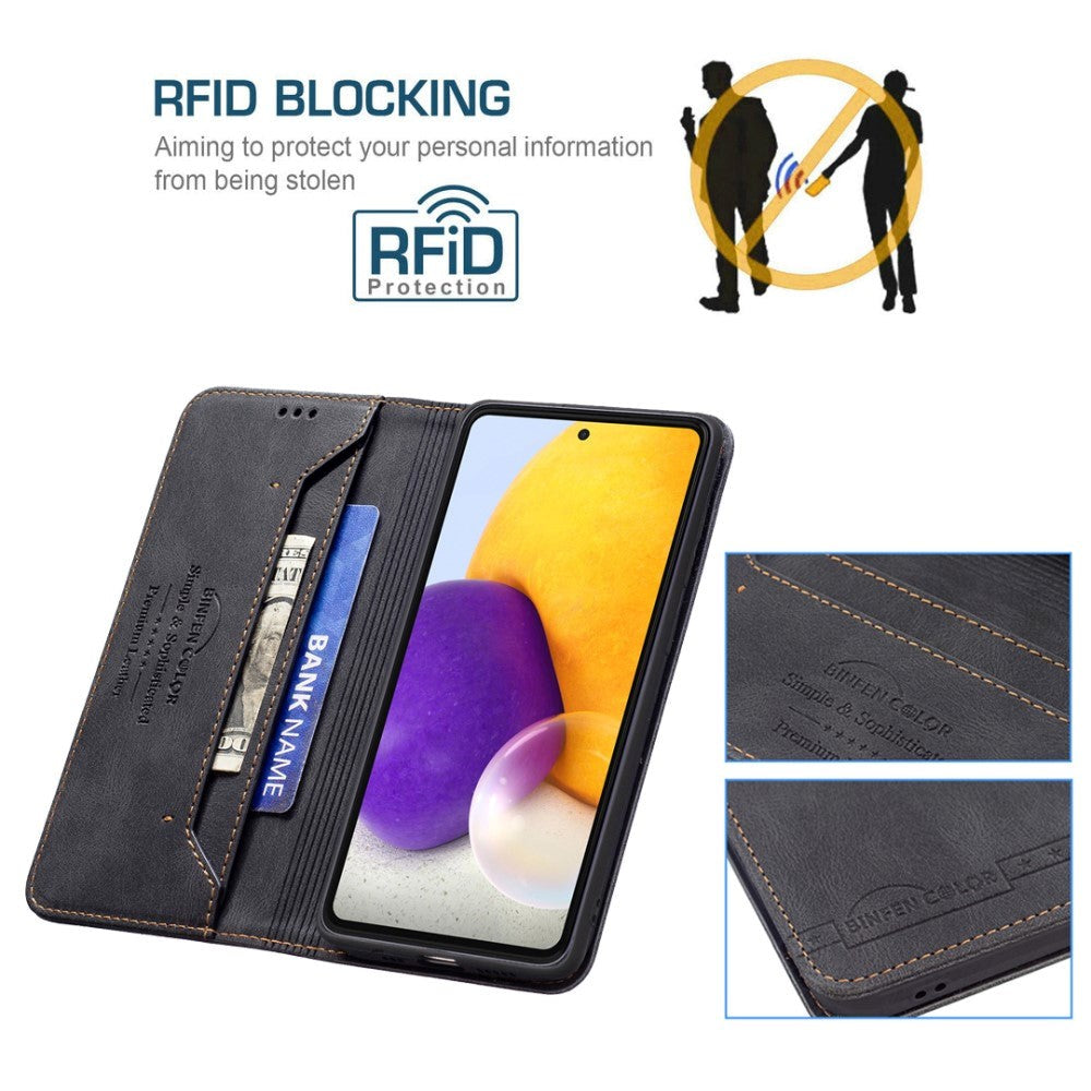 Samsung Galaxy A73 (5G) BINFEN Blødt Læder Flip Cover m. Pung - Integreret Magnet - Sort