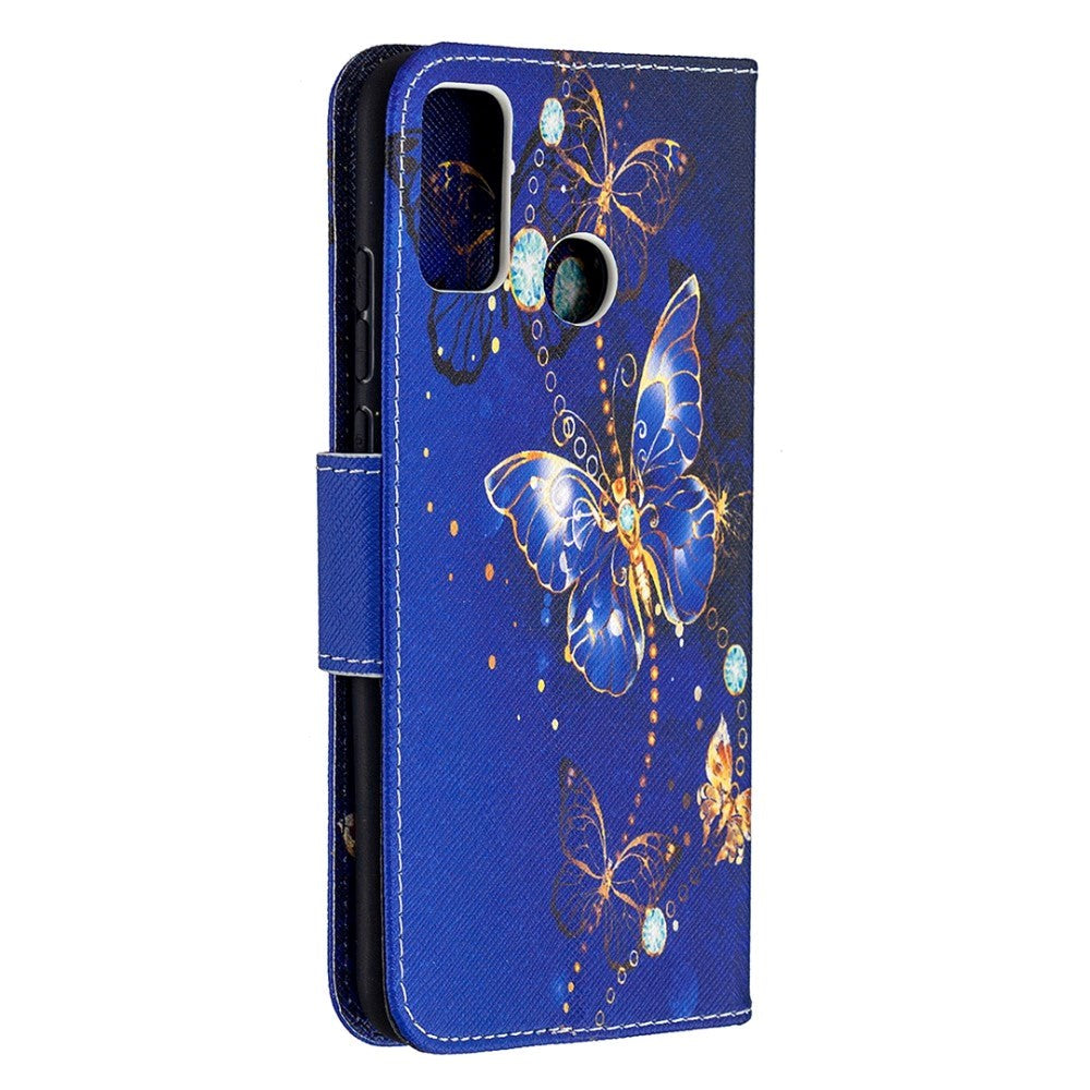 Huawei Honor 9X Lite Læder Cover m. Pung - Guld & Blå sommerfugle