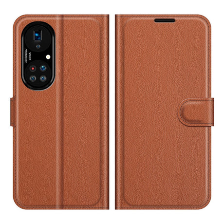 Huawei P50 Pro Litchi Læder Flip Cover m. Pung - Brun