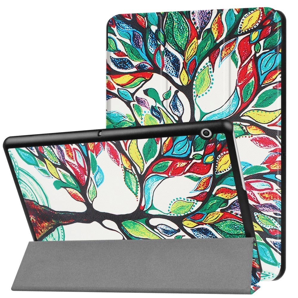 Huawei MediaPad T3 10 9.6" Cover - Tri-Fold Læder Cover "Tree Painting" Hvid / Grøn