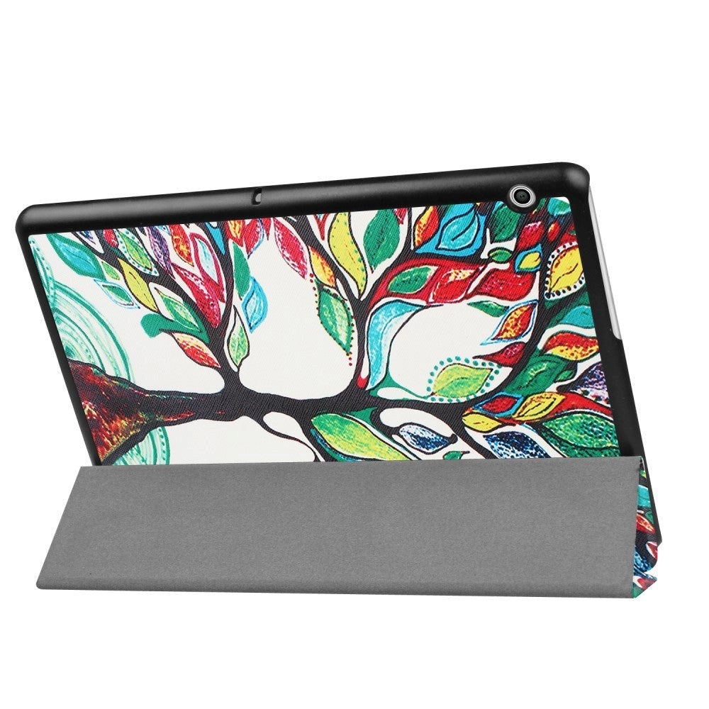 Huawei MediaPad T3 10 9.6" Cover - Tri-Fold Læder Cover "Tree Painting" Hvid / Grøn