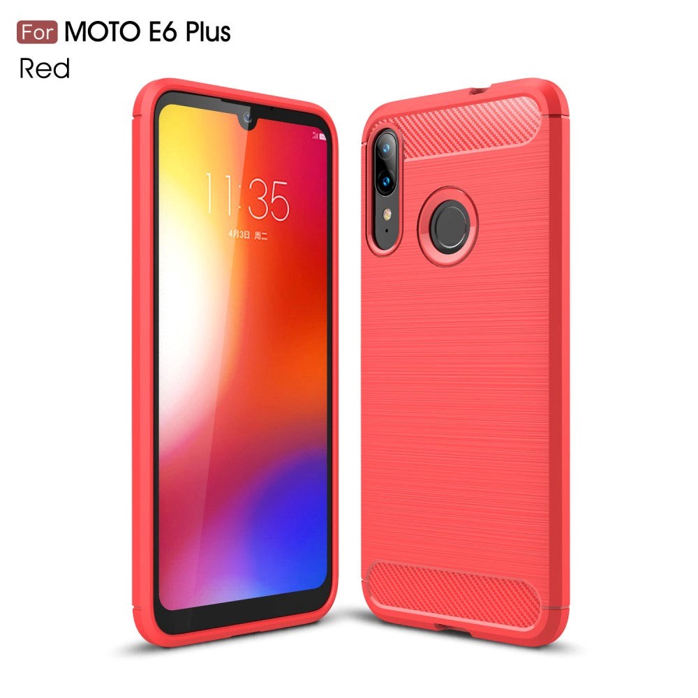 Motorola Moto E6 Plus Carbon Texture Fleksibelt Plastik Cover - Rød