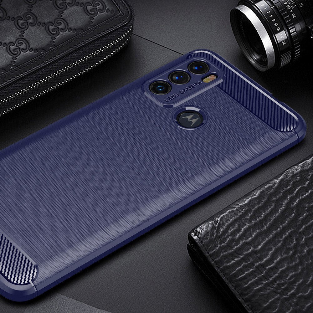 Motorola Moto G60 Brushed Carbon Fiber Fleksibelt Plastik Bagside Cover - Blå