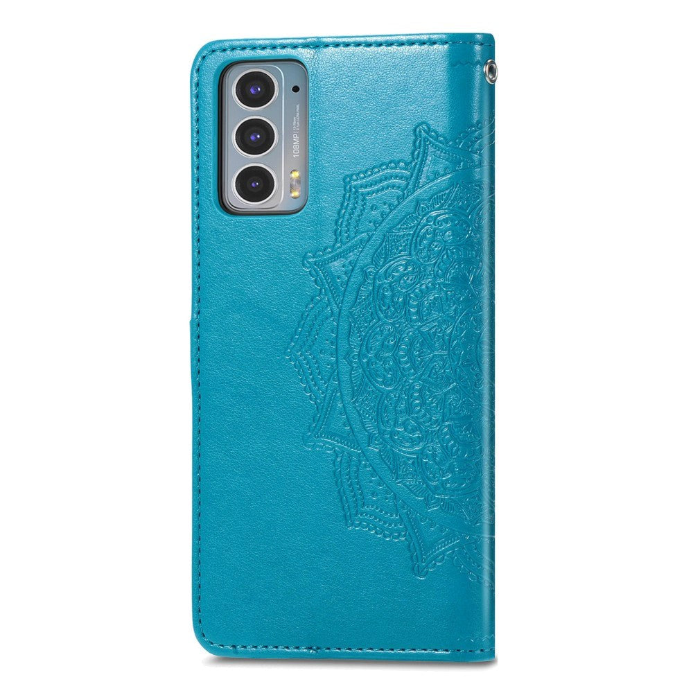 Motorola Edge 20 Læder Flip Cover m. Pung - Mandala Blomst - Blå